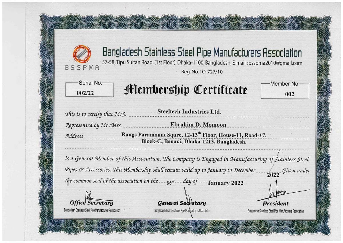 Bangladesh Stainless Steel Pipe Manufacturers Association Membership Certificate